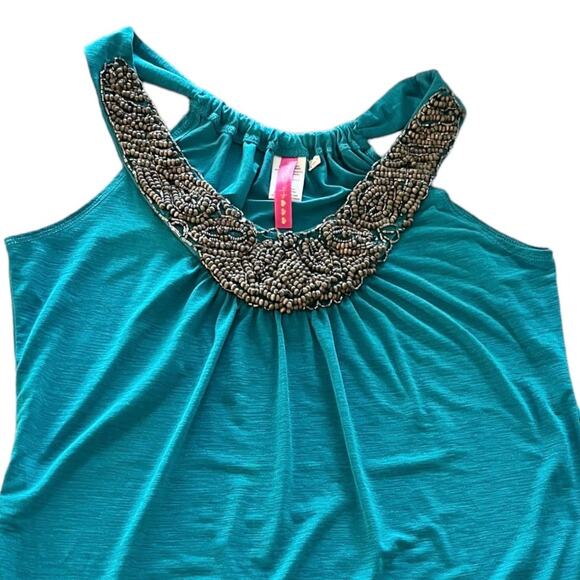 HEART SOUL Teal Tank Top Embellished Beaded Mesh Scoop Neck Sleeveless Small EUC - Picture 5 of 8
